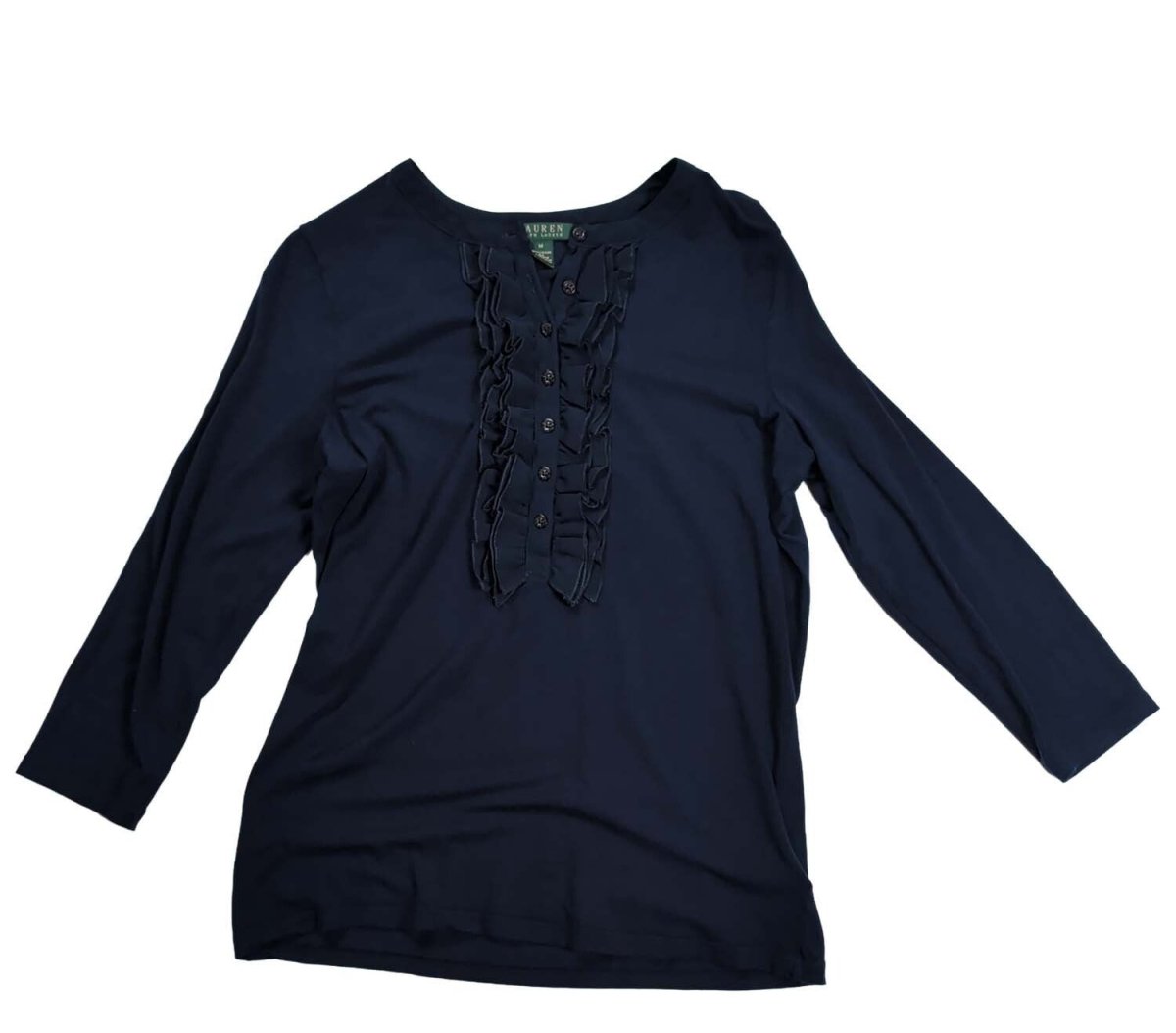 Lauren Ralph Lauren Navy Ruffle Jersey Top – Size M – product photo 1 | RewearableUK