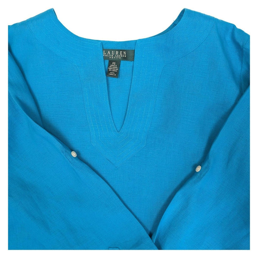 Lauren Ralph Lauren Petite Linen Tunic Top Size PS Small Turquoise Blue V - Neck by Lauren Ralph Lauren – | RewearableUK
