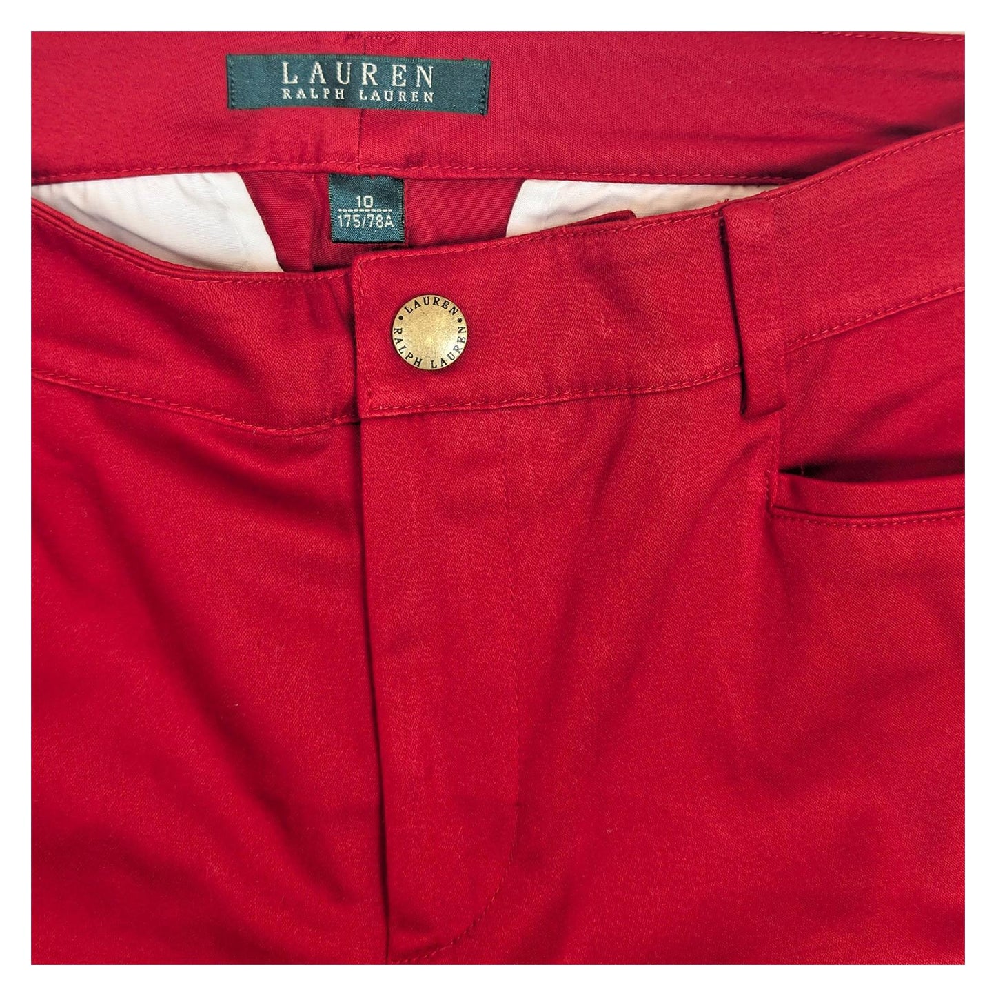 Lauren Ralph Lauren Red Chino Trousers US 10 UK 14 Stretch Cotton Gold Zip Pants by Lauren Ralph Lauren – | RewearableUK