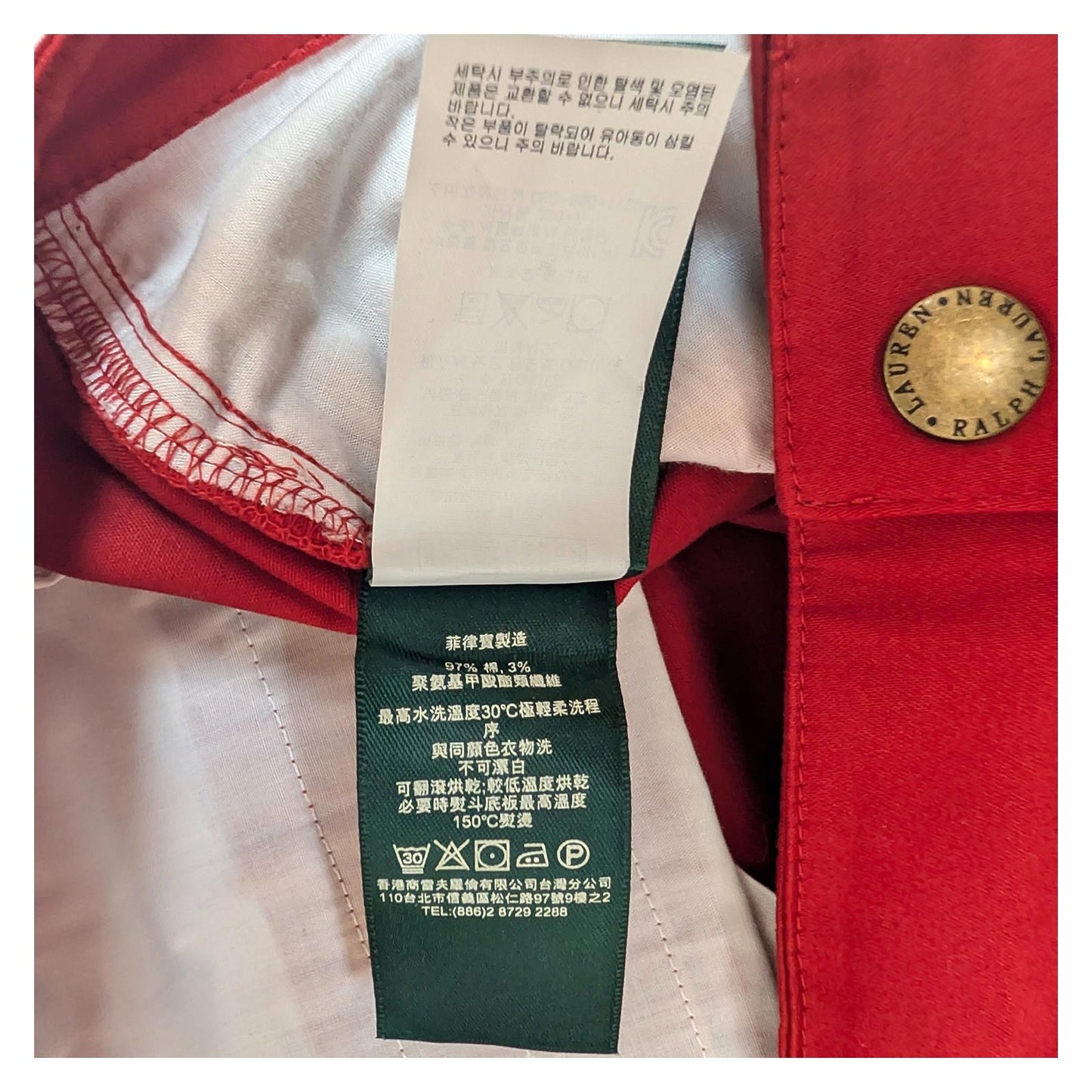 Lauren Ralph Lauren Red Chino Trousers US 10 UK 14 Stretch Cotton Gold Zip Pants by Lauren Ralph Lauren – | RewearableUK