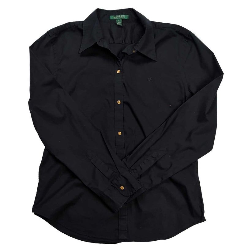Lauren Ralph Lauren Women's Shirt L Black Stretch Cotton Gold Buttons Logo – product photo 1 | RewearableUK
