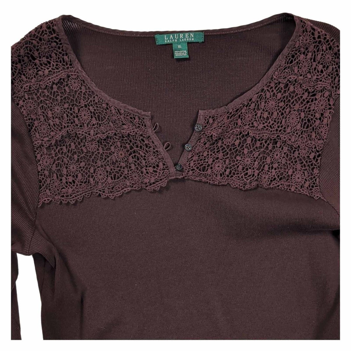 Lauren Ralph Lauren Womens Top XL UK 20-22 Brown Cotton Lace Long Sleeve Henley – product photo 2 | RewearableUK