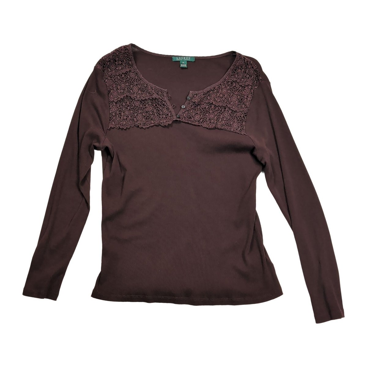 Lauren Ralph Lauren Womens Top XL UK 20-22 Brown Cotton Lace Long Sleeve Henley – product photo 1 | RewearableUK