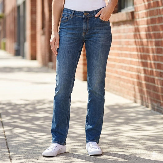lee marion womens mid blue stretch deluxe straight denim jeans size w29 l31 by Lee – JEANS | RewearableUK