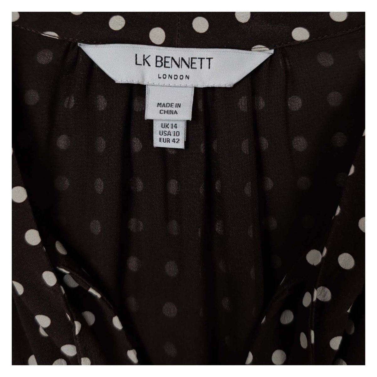 LK Bennett Dr Elizabeth Silk Midi Dress UK 14 Brown Polka Dot Ruffle Tie Neck – product photo 3 | RewearableUK