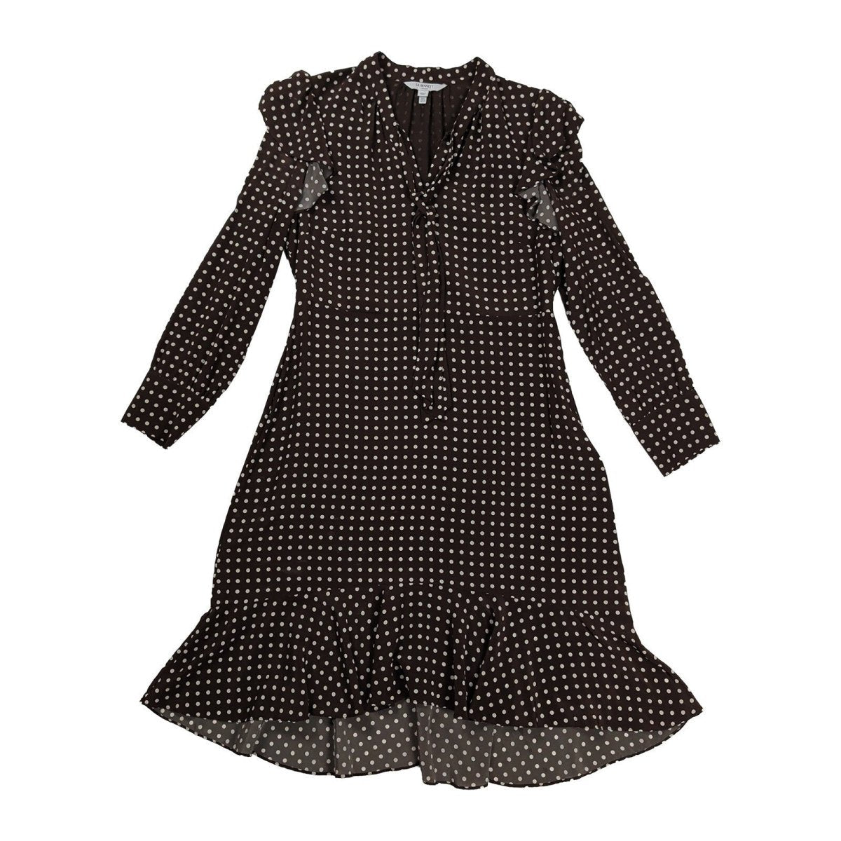 LK Bennett Dr Elizabeth Silk Midi Dress UK 14 Brown Polka Dot Ruffle Tie Neck – product photo 1 | RewearableUK