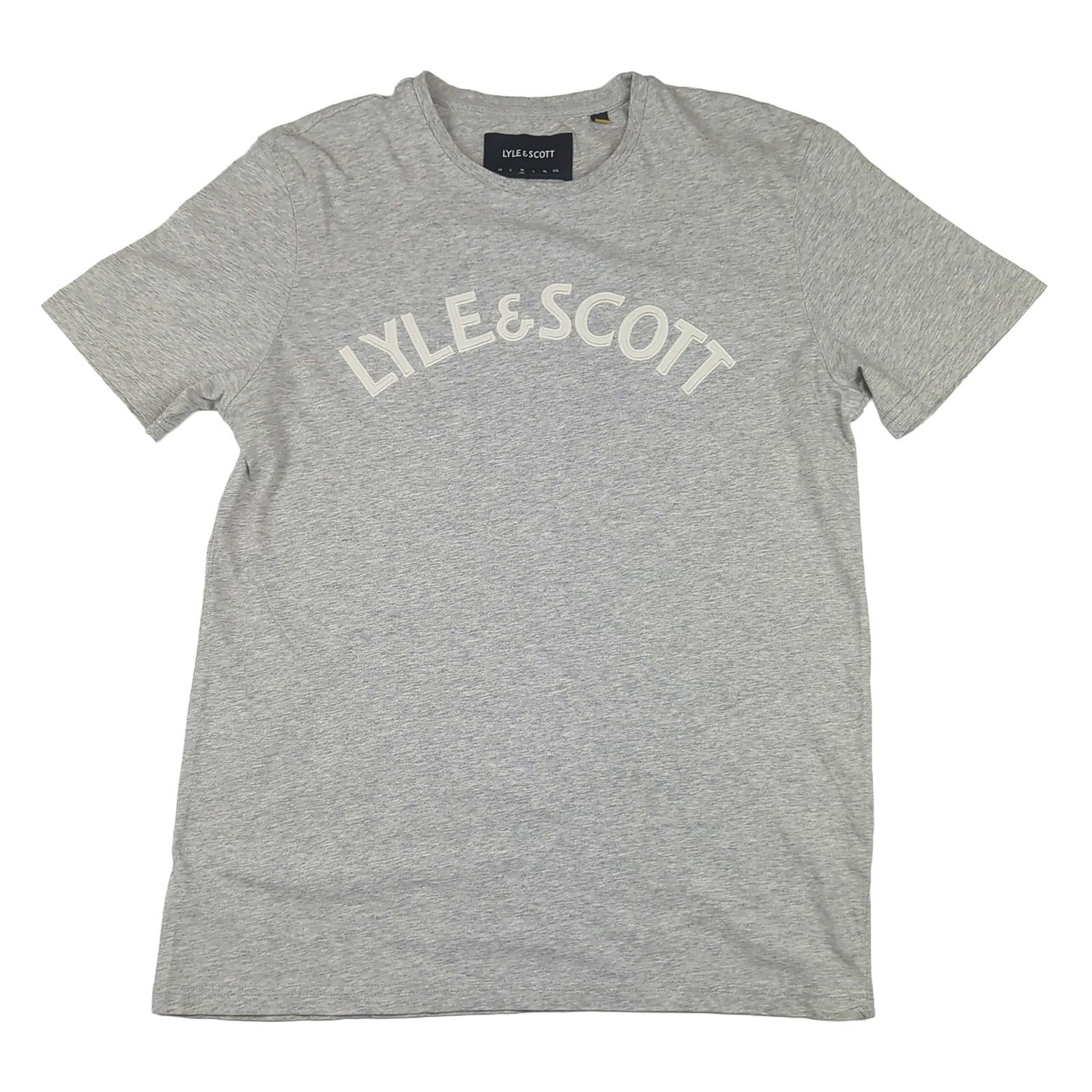 Lyle & Scott Lyle & Scott T-Shirt Mens M Medium Grey Crew Neck Cotton Casual White Logo Top shirt RewearableUK