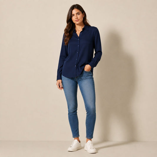 Massimo Dutti Navy Puff Sleeve Stretch Shirt – Size L – Shirt product photo 1 | RewearableUK