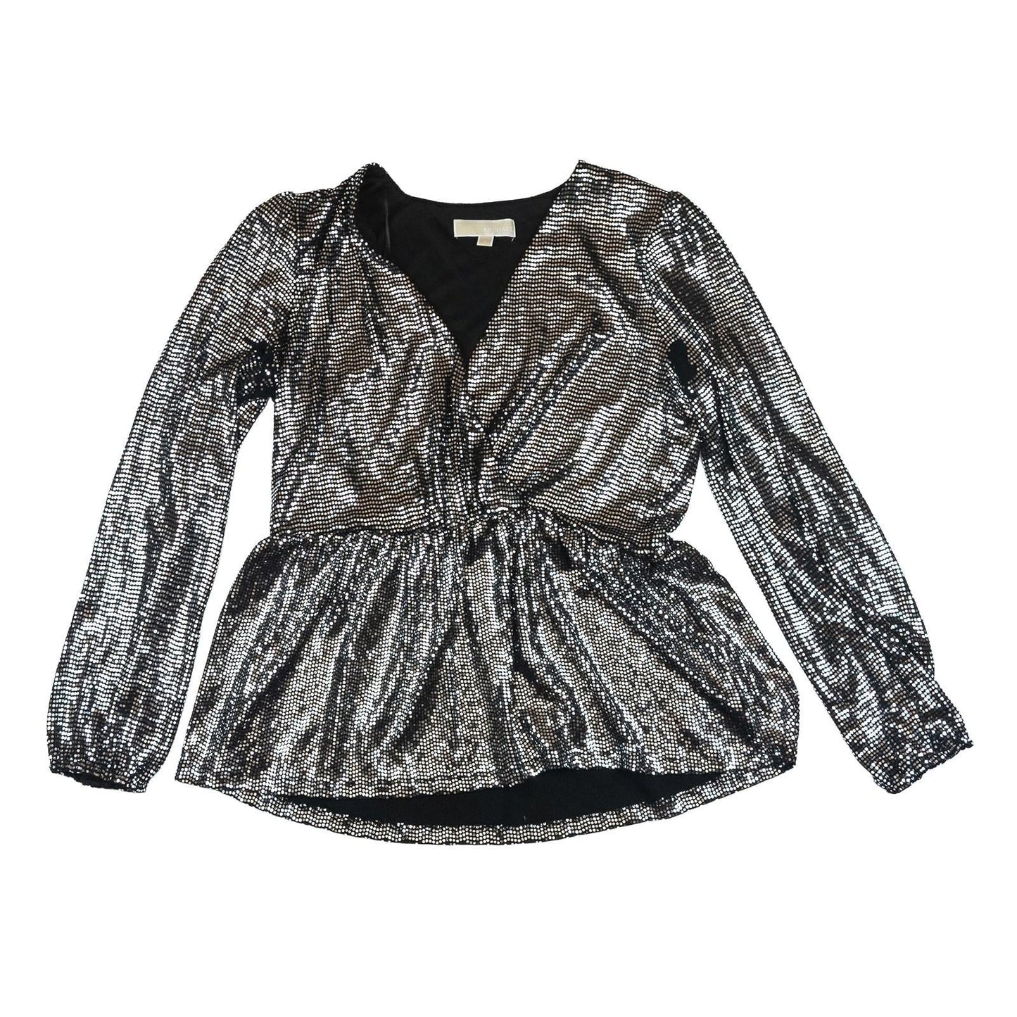 Michael Kors Top L Large Black Silver Metallic Dot Peplum Long Sleeve Blouse by Michael Kors – | RewearableUK