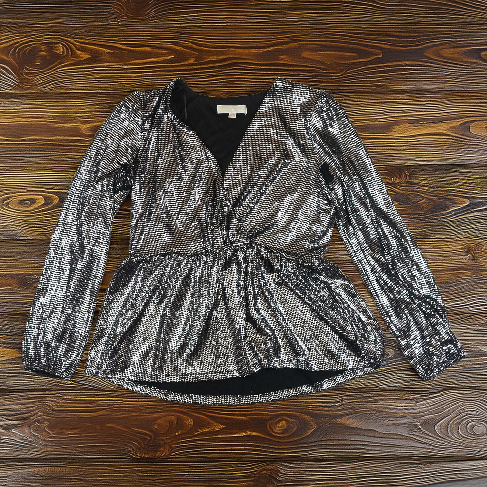 Michael Kors Top L Large Black Silver Metallic Dot Peplum Long Sleeve Blouse by Michael Kors – | RewearableUK