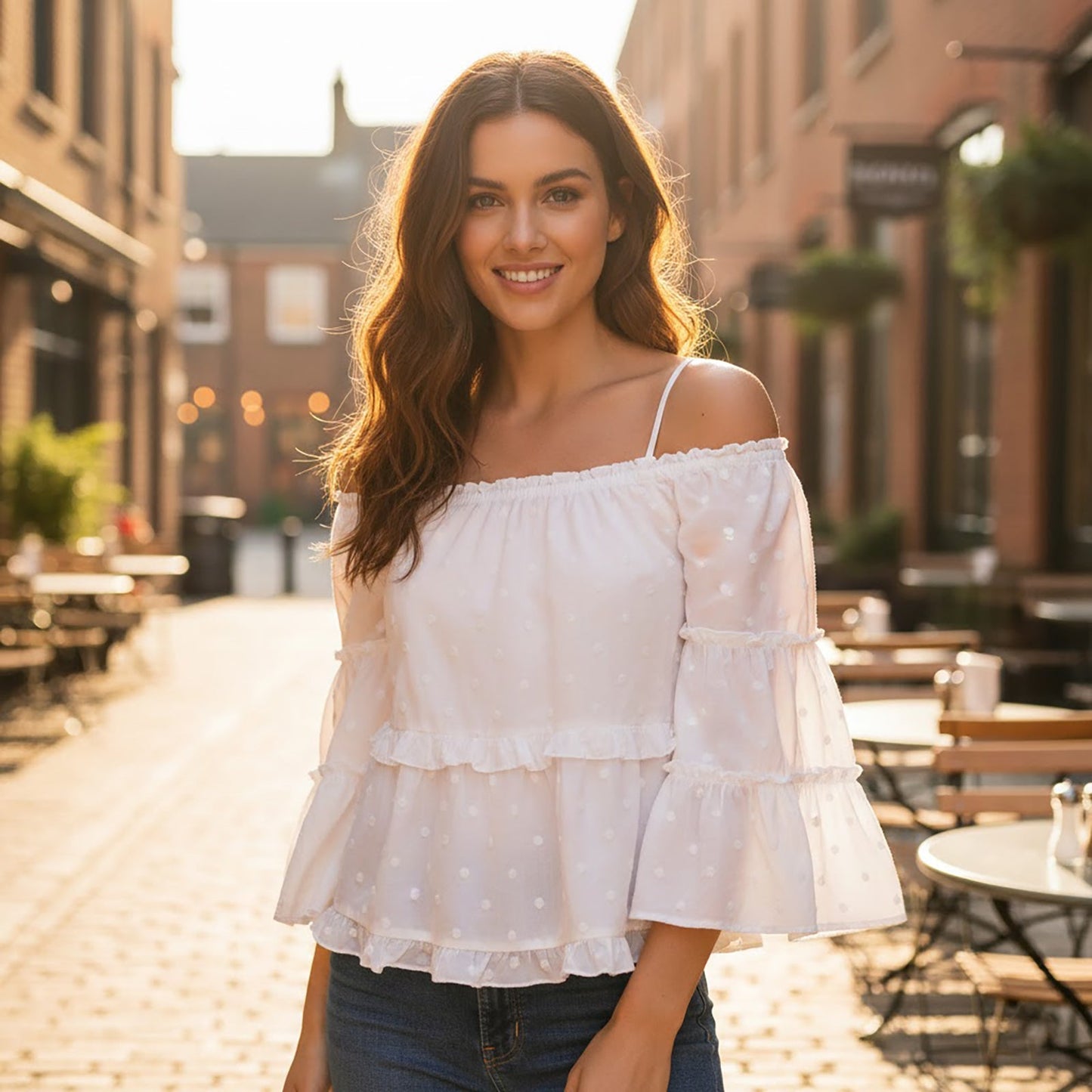 Mint Velvet Bardot Top White Dobby Cotton | Women's Medium by Mint Velvet – blouse | RewearableUK