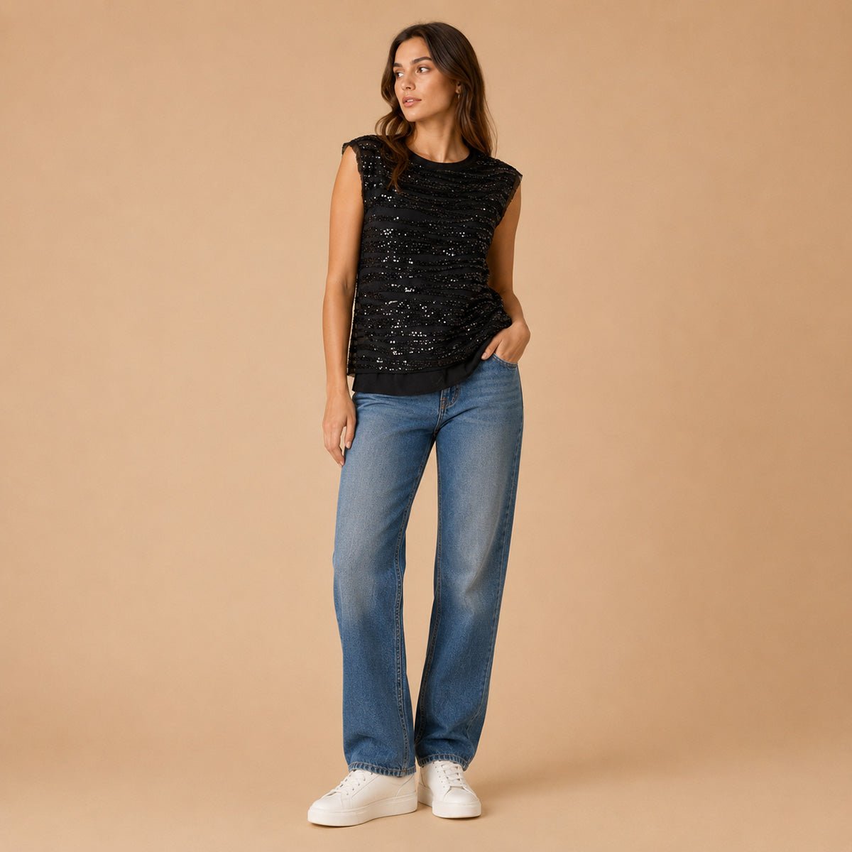 Mint Velvet Black Sequin Ruched Mesh Top UK 10 – Top product photo 1 | RewearableUK