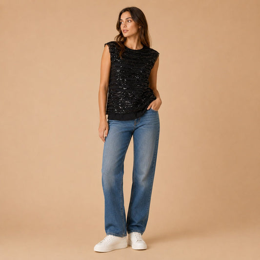 Mint Velvet Black Sequin Ruched Mesh Top UK 10 – Top product photo 1 | RewearableUK