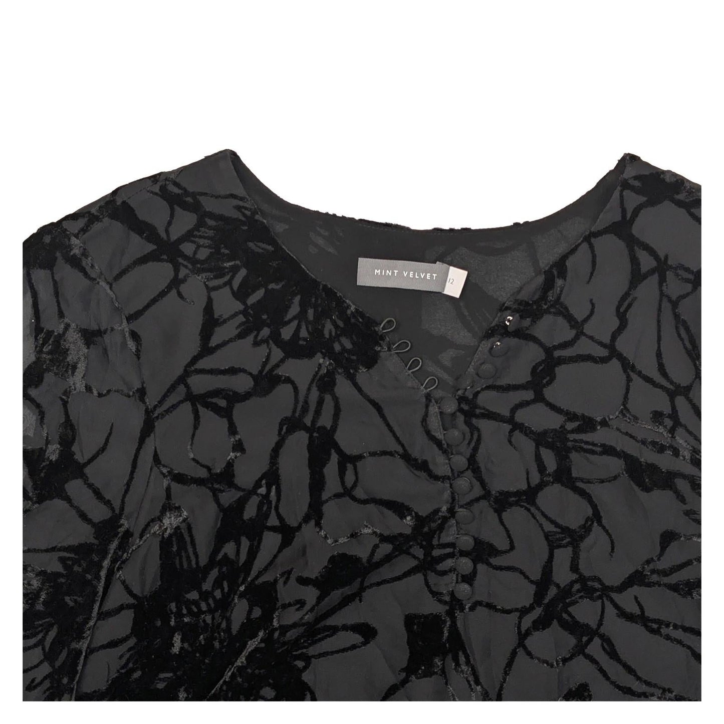 Mint Velvet Blouse UK 12 Black Burnout Devore V - Neck Button Long Sleeve Top by Mint Velvet – | RewearableUK