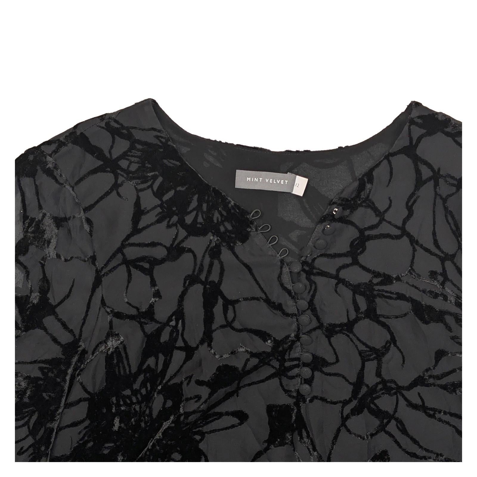 Mint Velvet Blouse UK 12 Black Burnout Devore V - Neck Button Long Sleeve Top by Mint Velvet – | RewearableUK