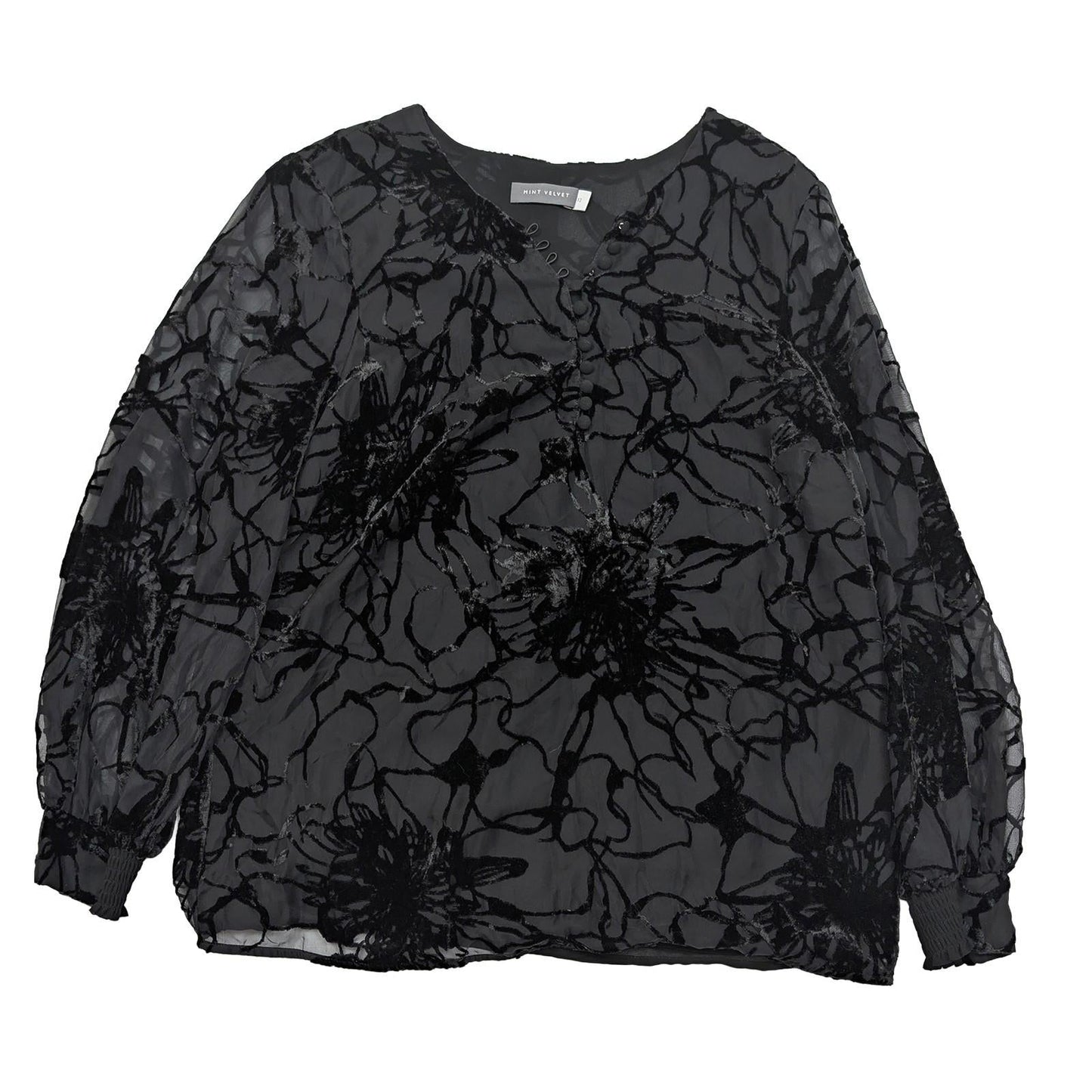 Mint Velvet Blouse UK 12 Black Burnout Devore V - Neck Button Long Sleeve Top by Mint Velvet – | RewearableUK