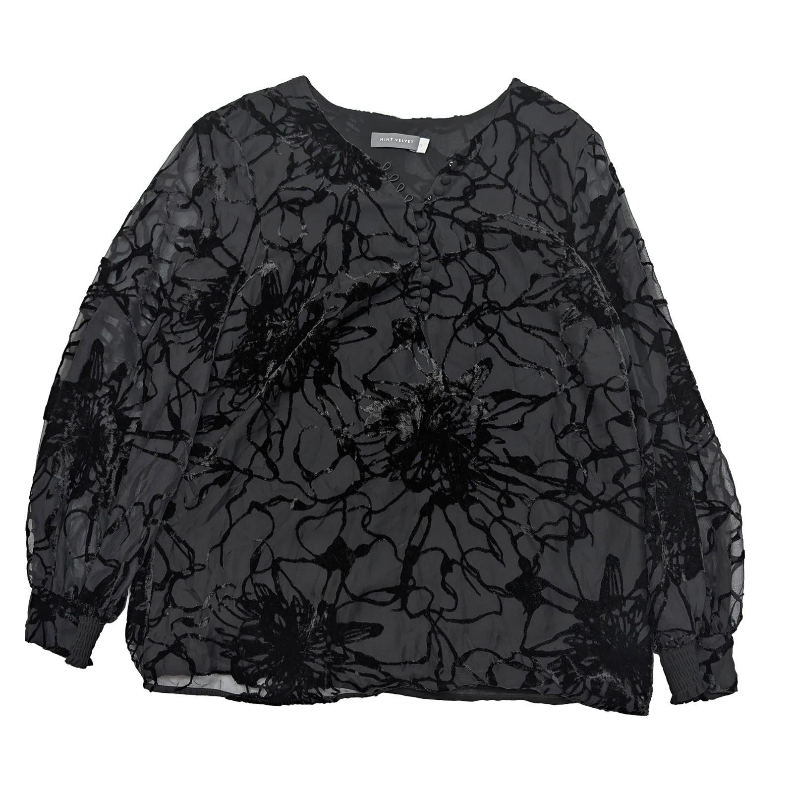 Mint Velvet Blouse UK 12 Black Burnout Devore V - Neck Button Long Sleeve Top by Mint Velvet – | RewearableUK