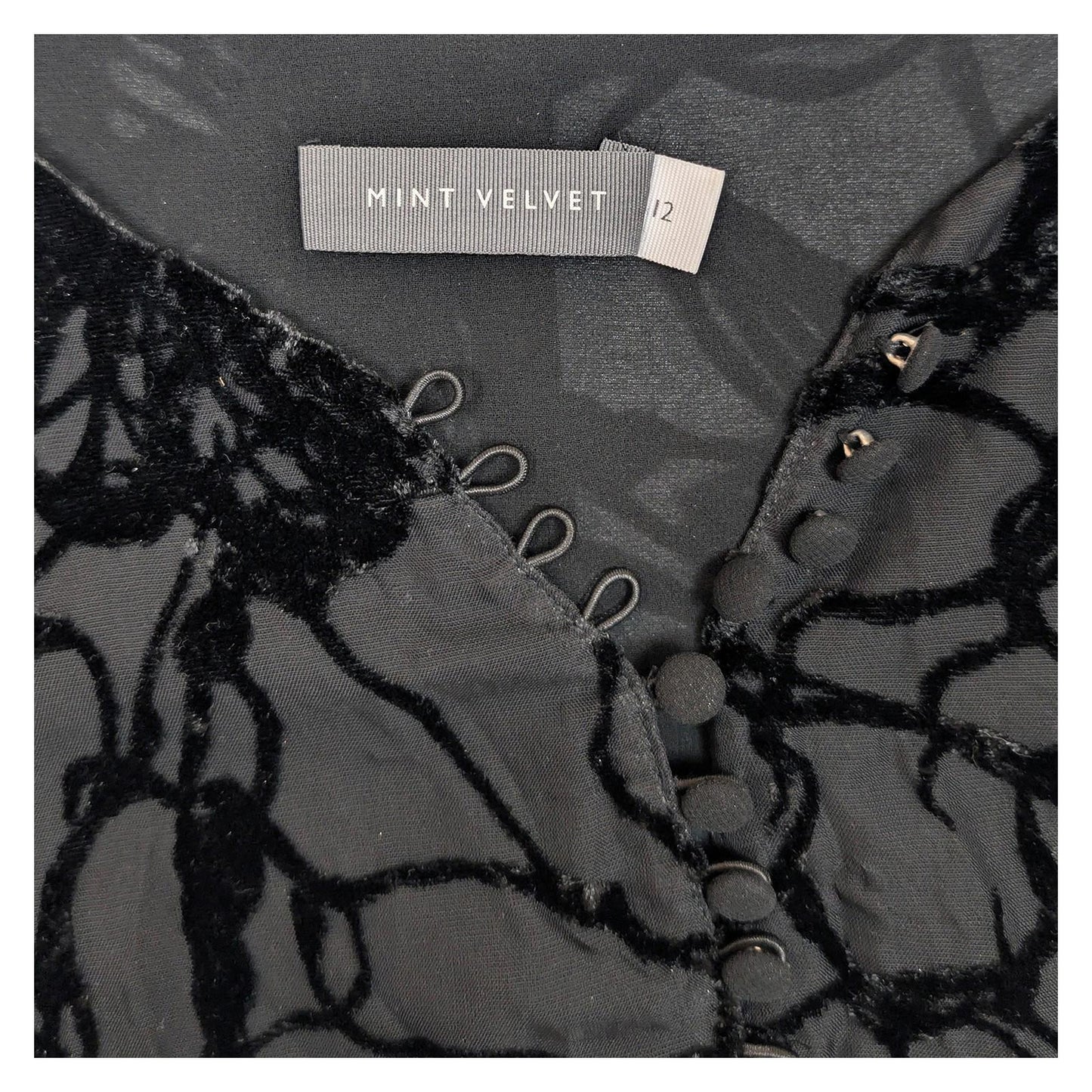Mint Velvet Blouse UK 12 Black Burnout Devore V - Neck Button Long Sleeve Top by Mint Velvet – | RewearableUK