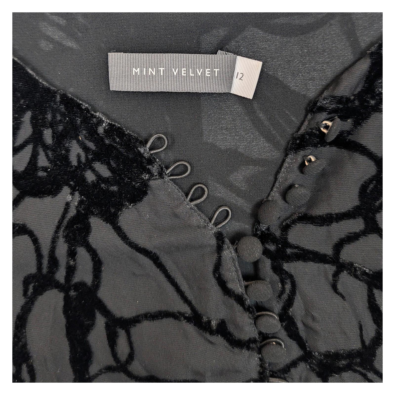 Mint Velvet Blouse UK 12 Black Burnout Devore V - Neck Button Long Sleeve Top by Mint Velvet – | RewearableUK