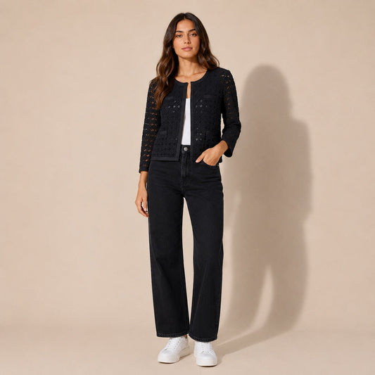 Mint Velvet Cropped Lace Jacket UK 10 Black 3/4 Sleeve – Top product photo 1 | RewearableUK