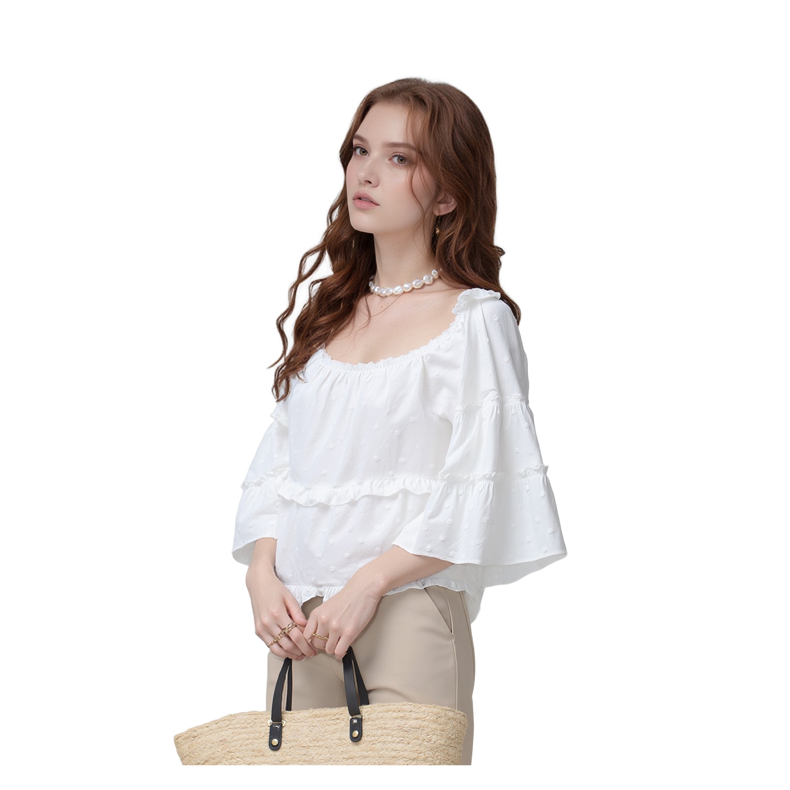 Mint Velvet Woman White Bardot Top Size M Cotton Dobby Tiered Ruffle Sleeve Boho by Mint Velvet – | RewearableUK