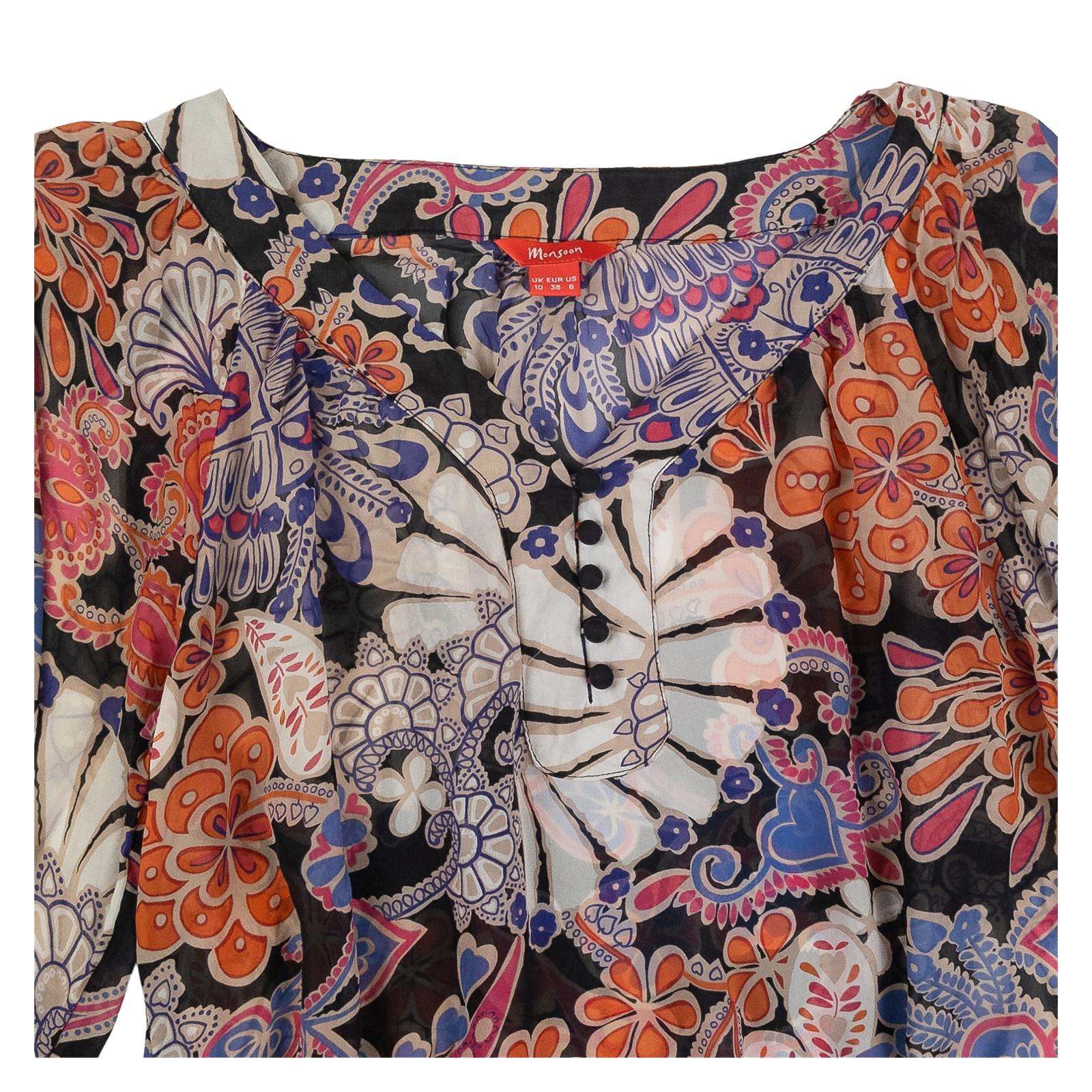 Monsoon 100% Silk Blouse Top Size UK 10 Paisley Floral Sheer Boho Smocked Hem by Monsoon – | RewearableUK