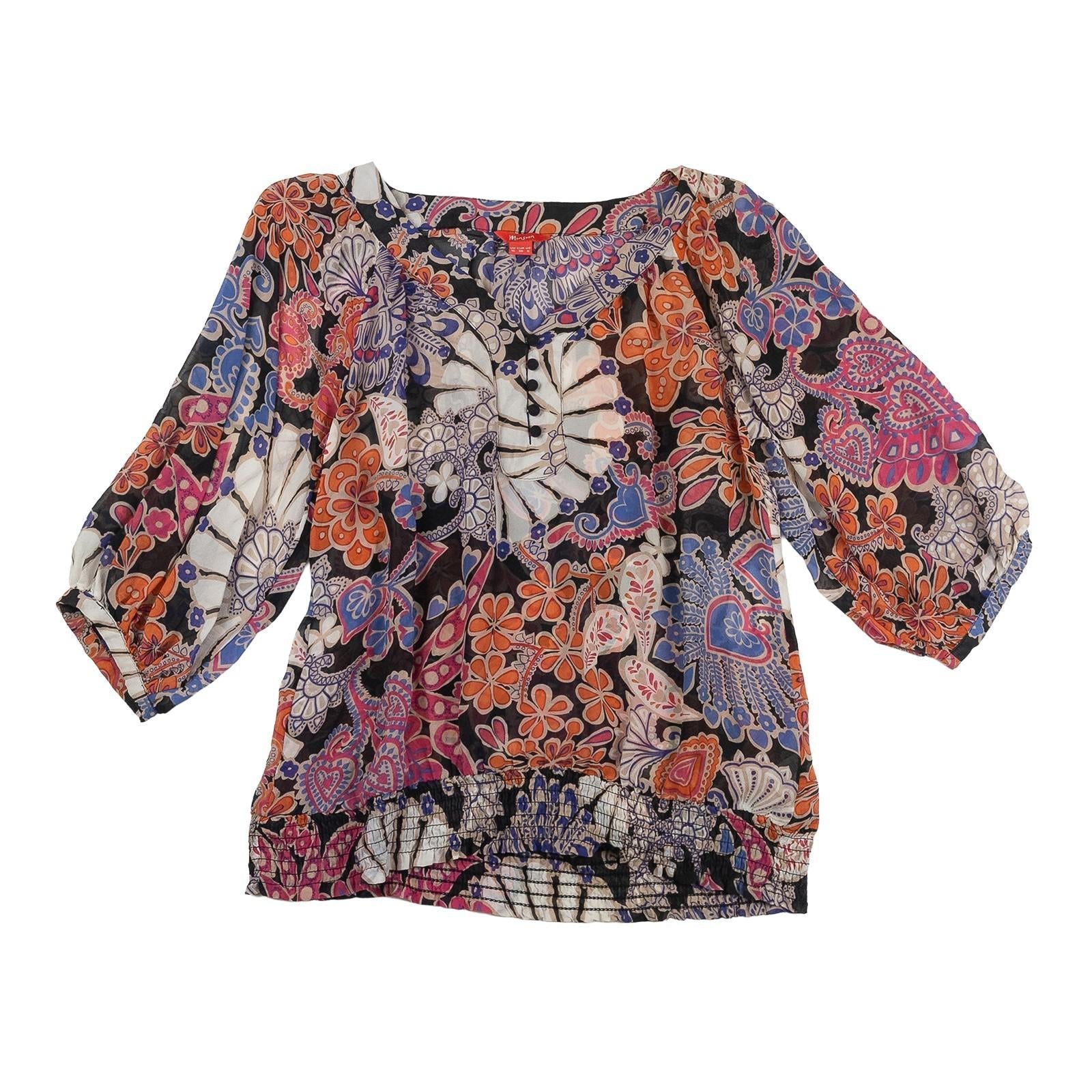 Monsoon 100% Silk Blouse Top Size UK 10 Paisley Floral Sheer Boho Smocked Hem by Monsoon – | RewearableUK