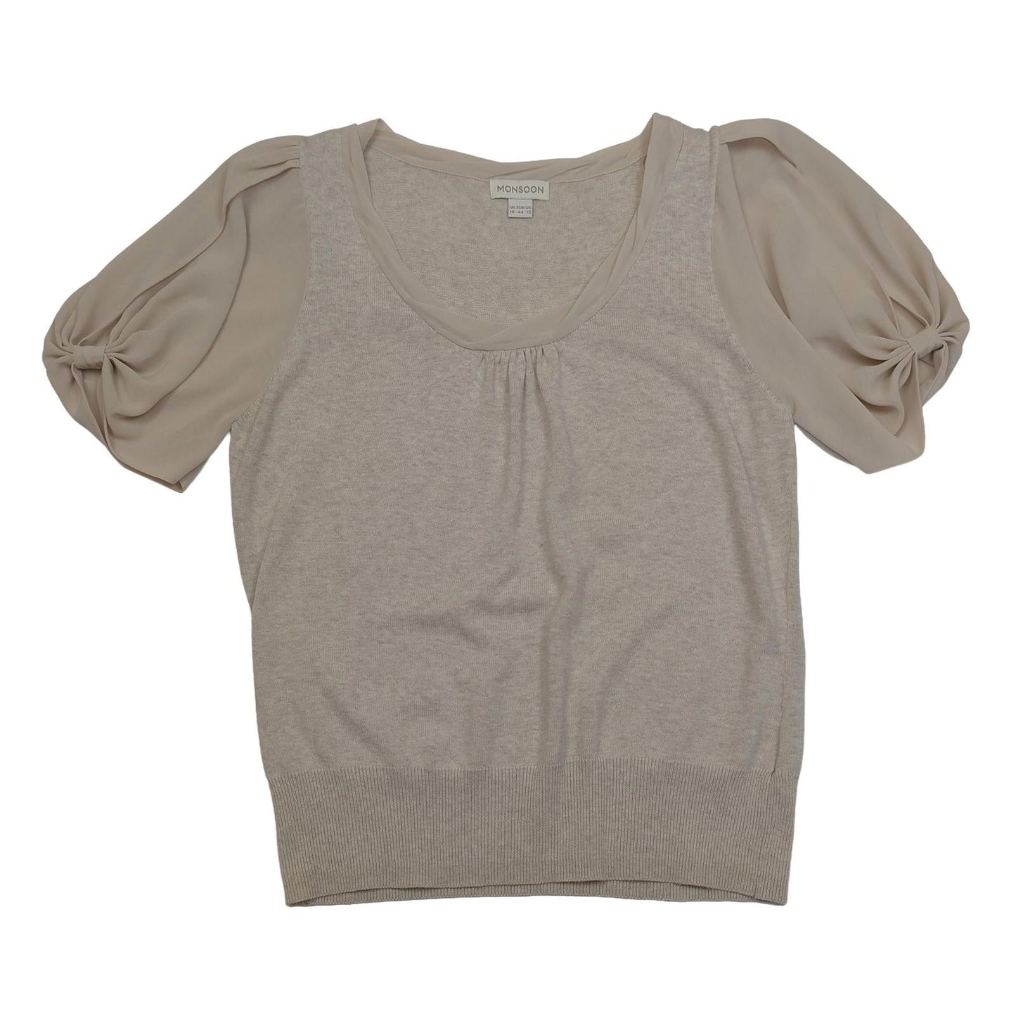 Monsoon Beige Knit Top Size UK 16 US 12 Cotton Body Chiffon Puff Sleeve Blouse by Monsoon – | RewearableUK