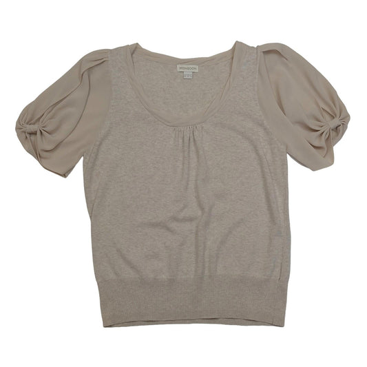 Monsoon Beige Knit Top Size UK 16 US 12 Cotton Body Chiffon Puff Sleeve Blouse by Monsoon – | RewearableUK