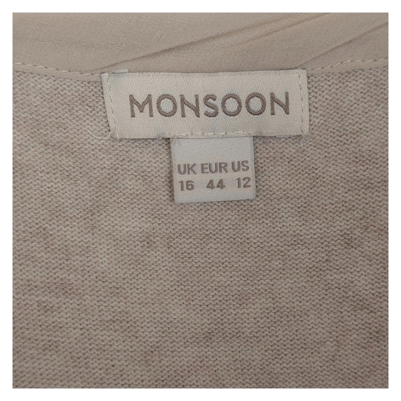 Monsoon Beige Knit Top Size UK 16 US 12 Cotton Body Chiffon Puff Sleeve Blouse by Monsoon – | RewearableUK