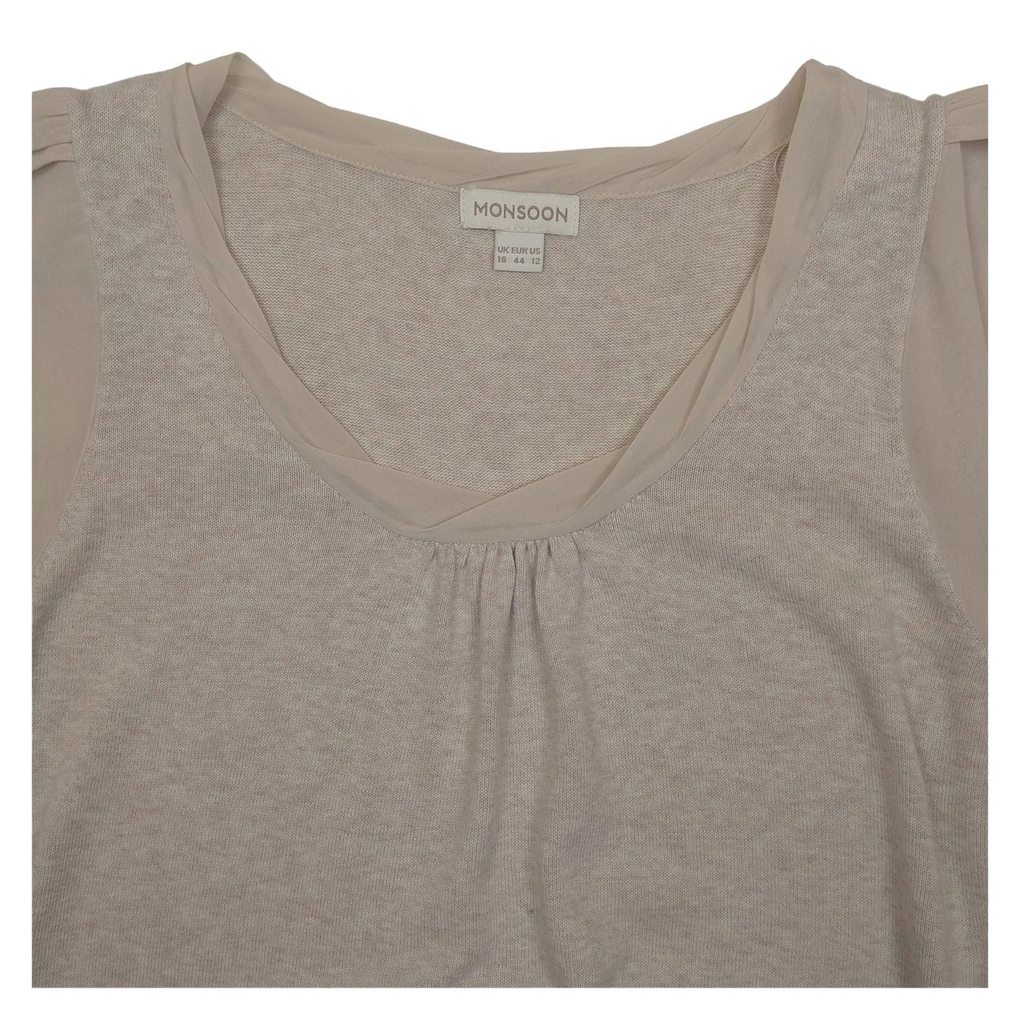 Monsoon Beige Knit Top Size UK 16 US 12 Cotton Body Chiffon Puff Sleeve Blouse by Monsoon – | RewearableUK