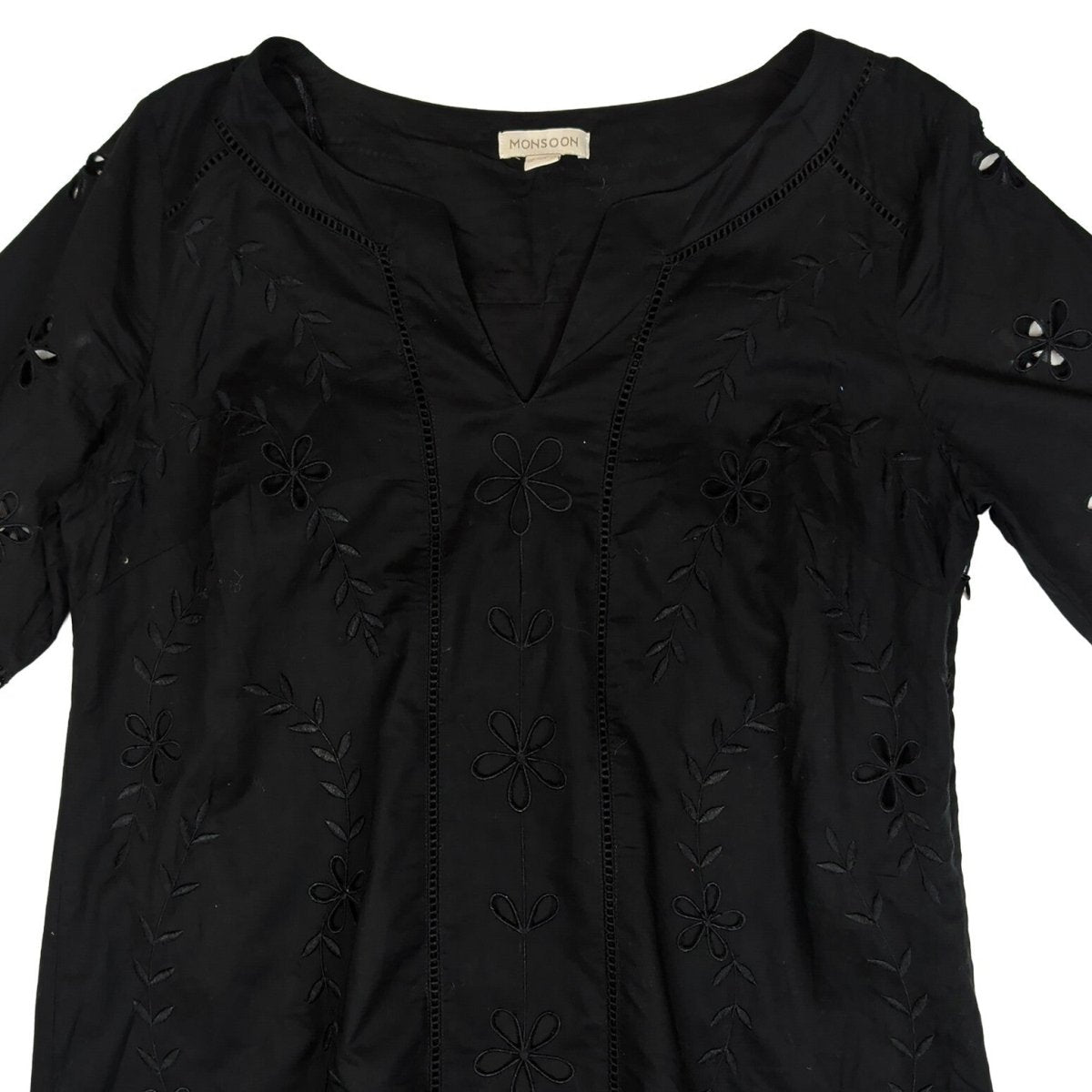 Monsoon Black Embroidered Tunic Dress UK 16 Cotton Boho Lace Trim – product photo 3 | RewearableUK