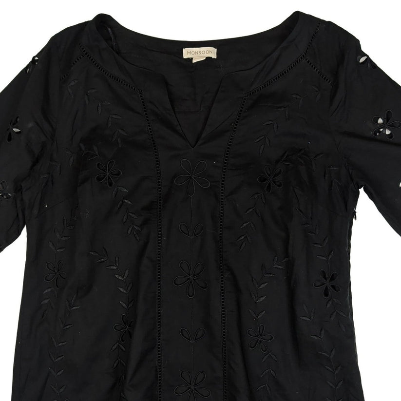 Monsoon Black Embroidered Tunic Dress UK 16 Cotton Boho Lace Trim – product photo 3 | RewearableUK