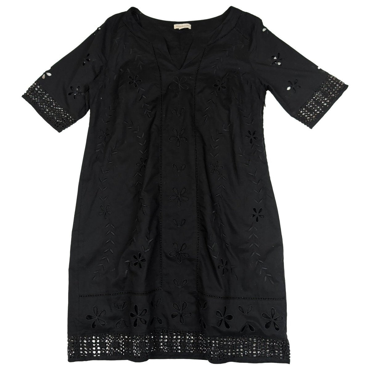 Monsoon Black Embroidered Tunic Dress UK 16 Cotton Boho Lace Trim – product photo 1 | RewearableUK
