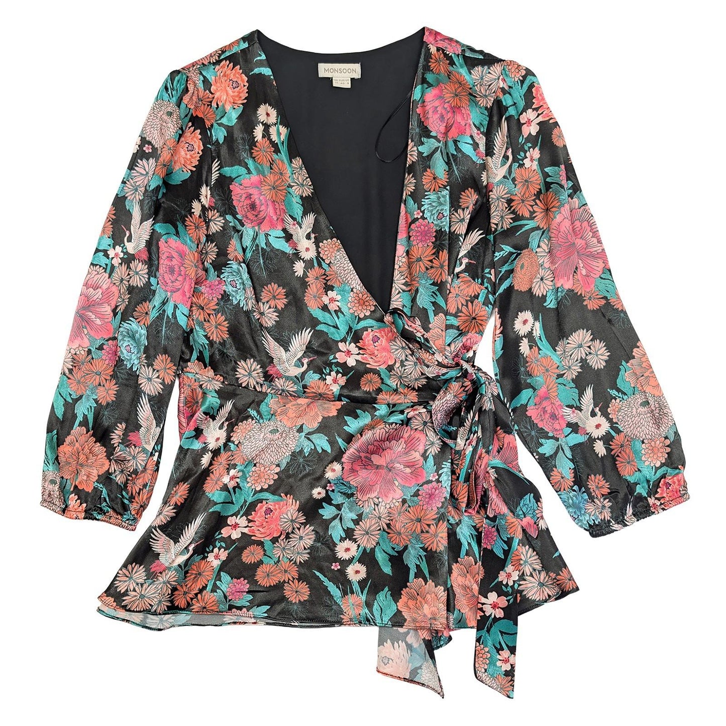 Monsoon Black Floral Bird Wrap Top Size UK 12 US 8 Satin Feel Crane Print Blouse by Monsoon – | RewearableUK