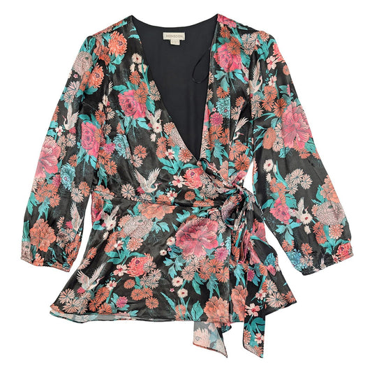 Monsoon Black Floral Bird Wrap Top Size UK 12 US 8 Satin Feel Crane Print Blouse by Monsoon – | RewearableUK