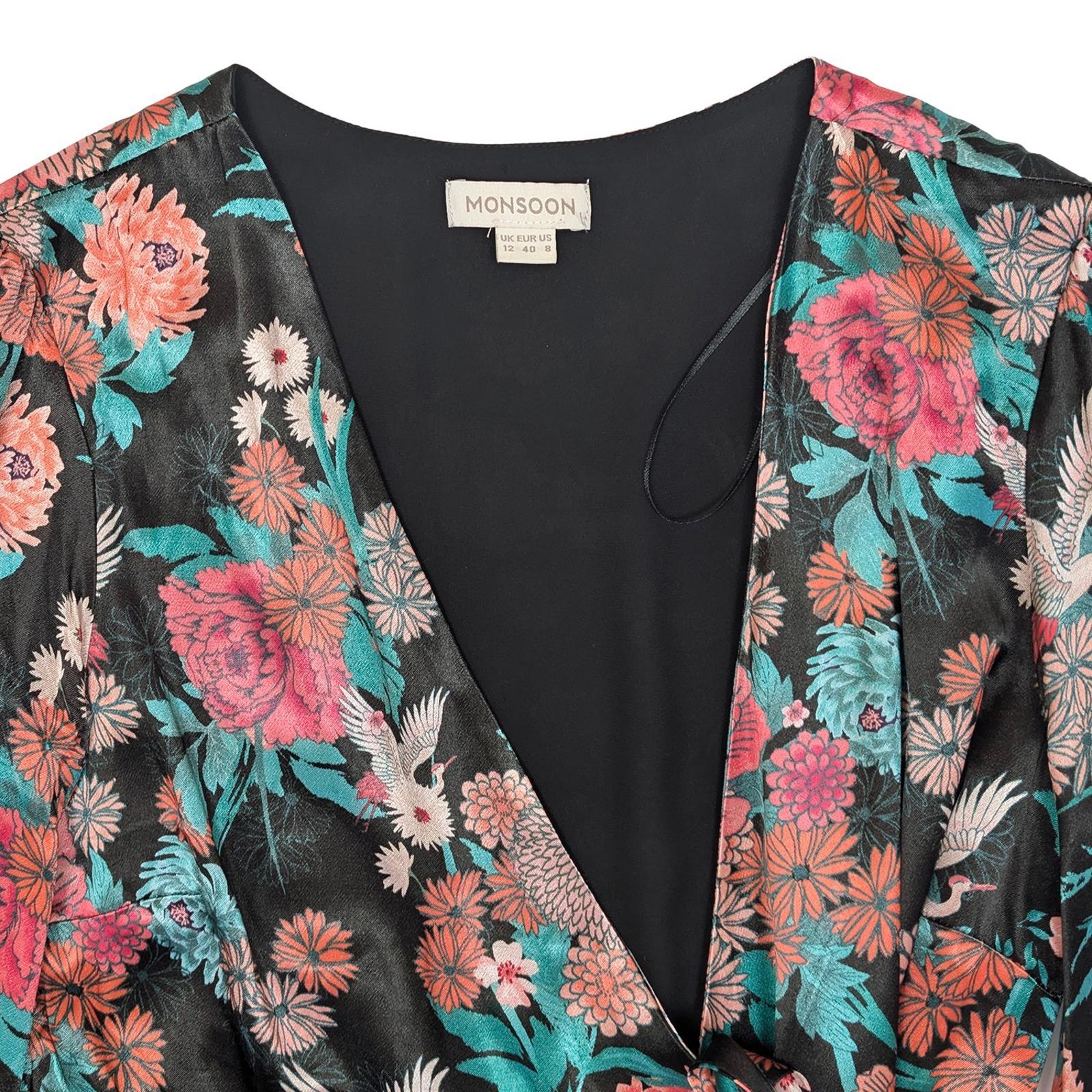 Monsoon Black Floral Bird Wrap Top Size UK 12 US 8 Satin Feel Crane Print Blouse by Monsoon – | RewearableUK