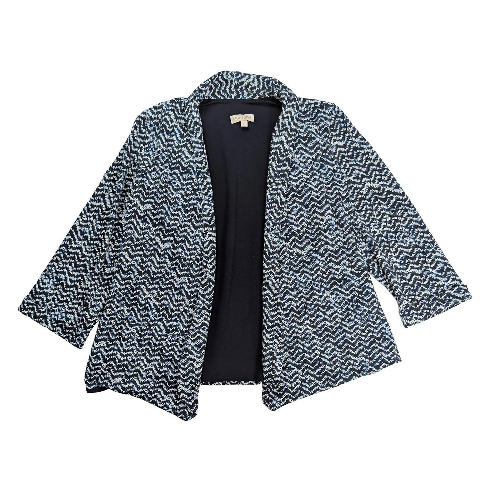Monsoon Blazer Jacket Size L Navy Blue White Pattern Open Front 3/4 Sleeve by Monsoon – blouse | RewearableUK