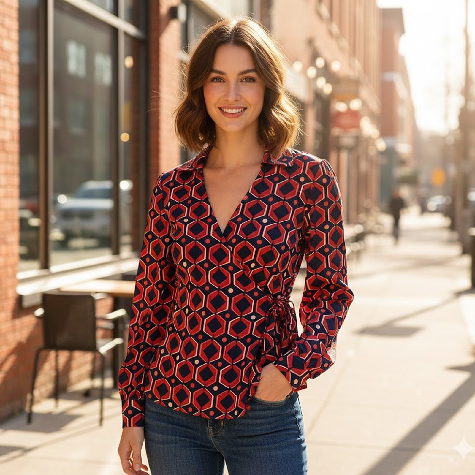 Monsoon Geometric Wrap Top Red Navy | Women's M by Monsoon – blouse | RewearableUK