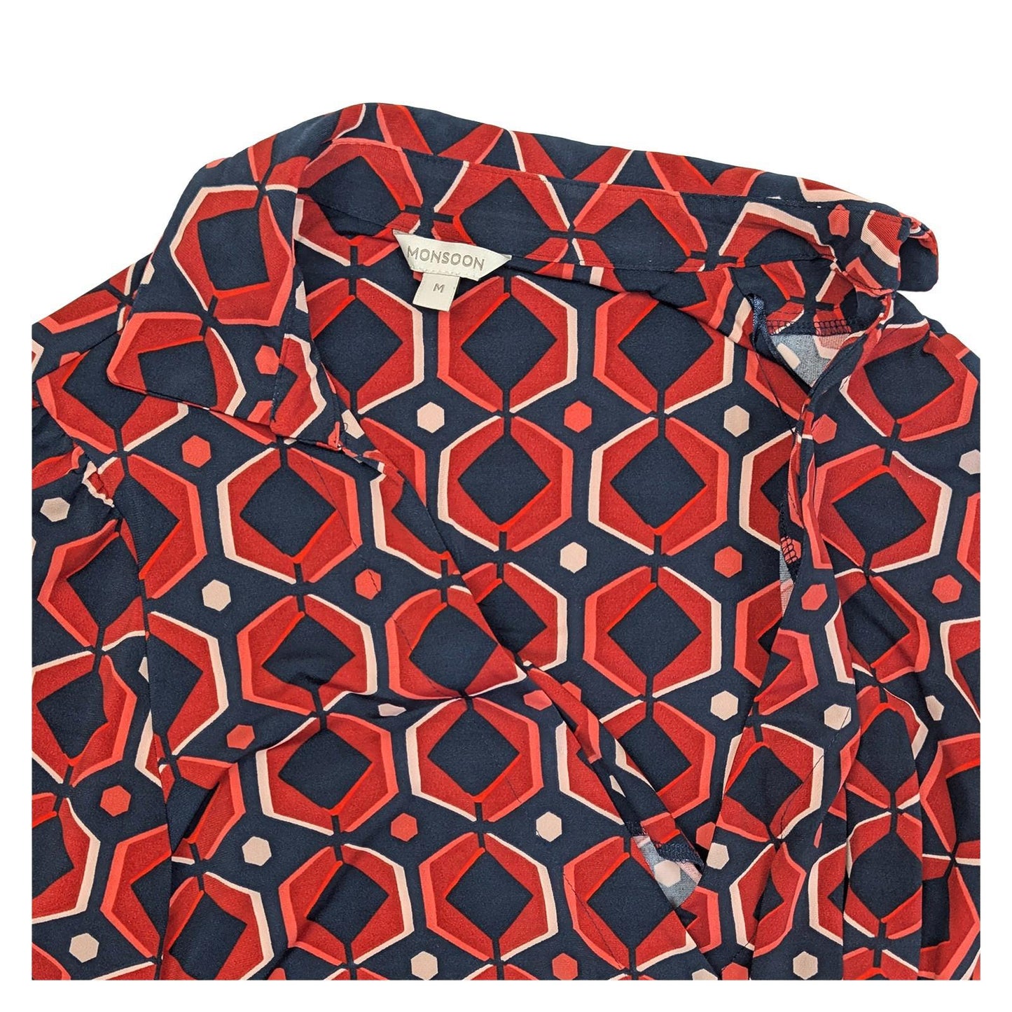 Monsoon Geometric Wrap Top Size M Red Navy Hexagon Print Collared Jersey Shirt by Monsoon – | RewearableUK