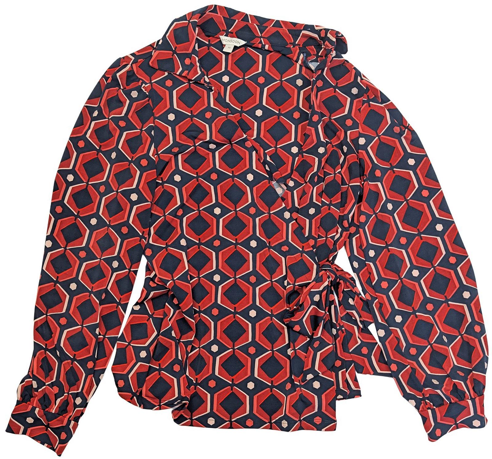 Monsoon Geometric Wrap Top Size M Red Navy Hexagon Print Collared Jersey Shirt by Monsoon – | RewearableUK