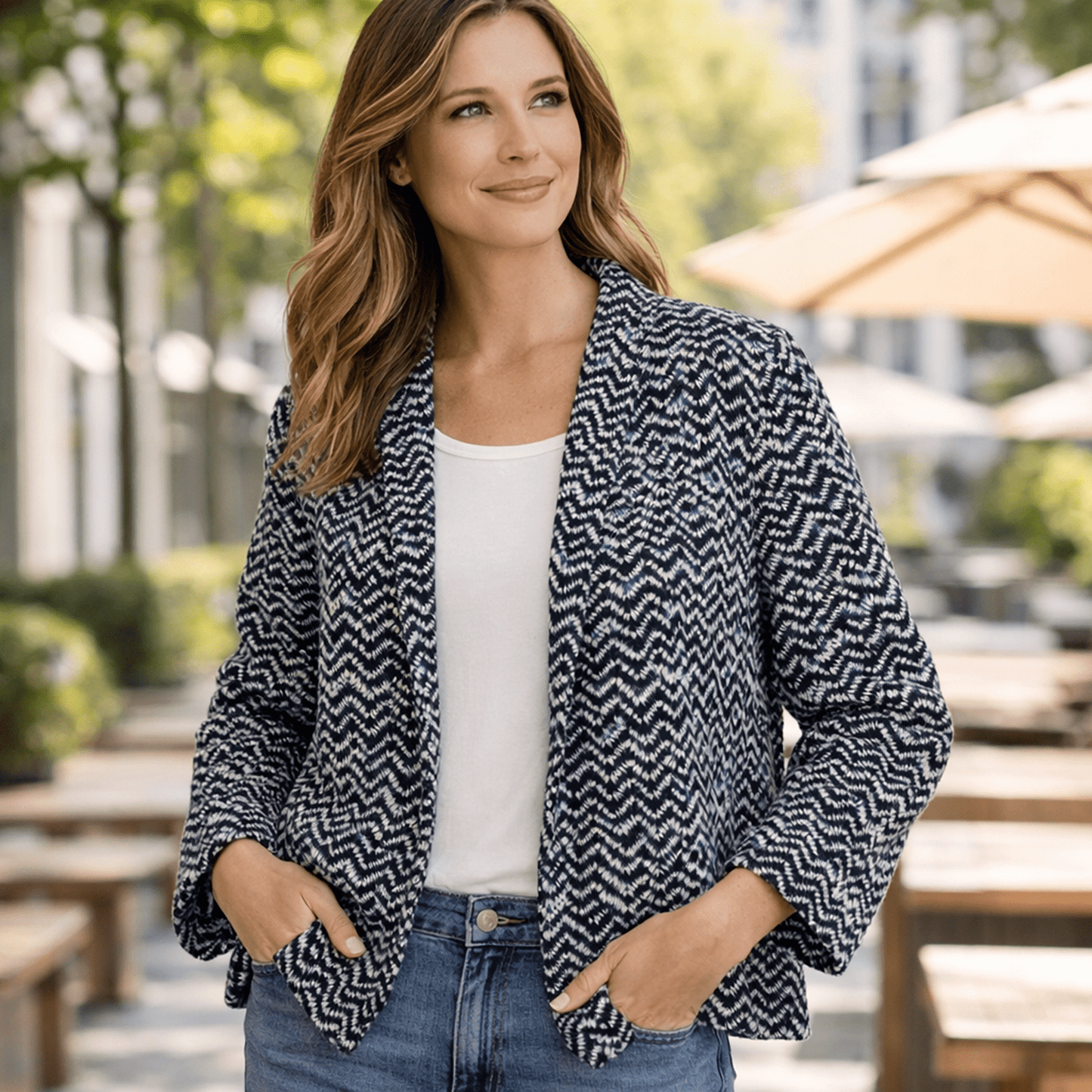 Monsoon Navy Blue Geometric Open Front Blazer Womens L by Monsoon – blouse | RewearableUK