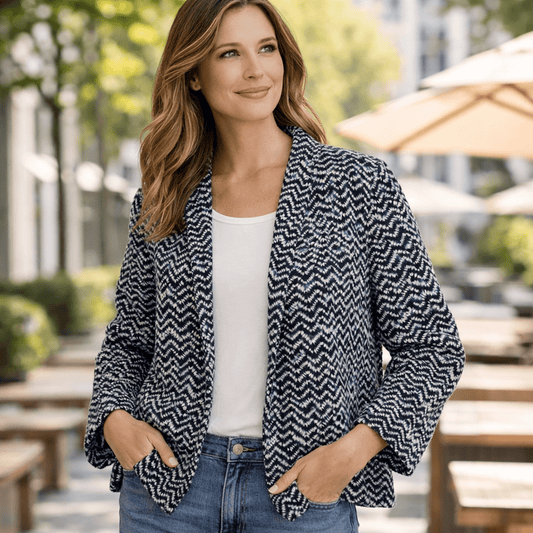 Monsoon Navy Blue Geometric Open Front Blazer Womens L by Monsoon – blouse | RewearableUK