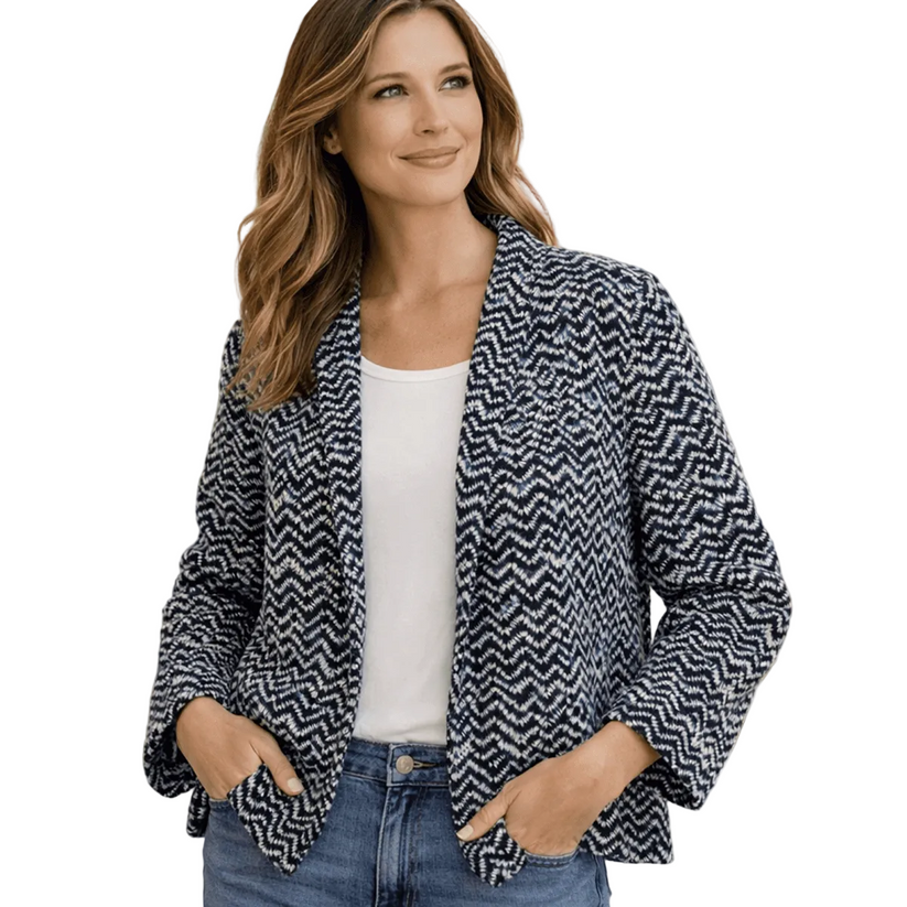 Monsoon Navy Blue Geometric Open Front Blazer Womens L by Monsoon – blouse | RewearableUK