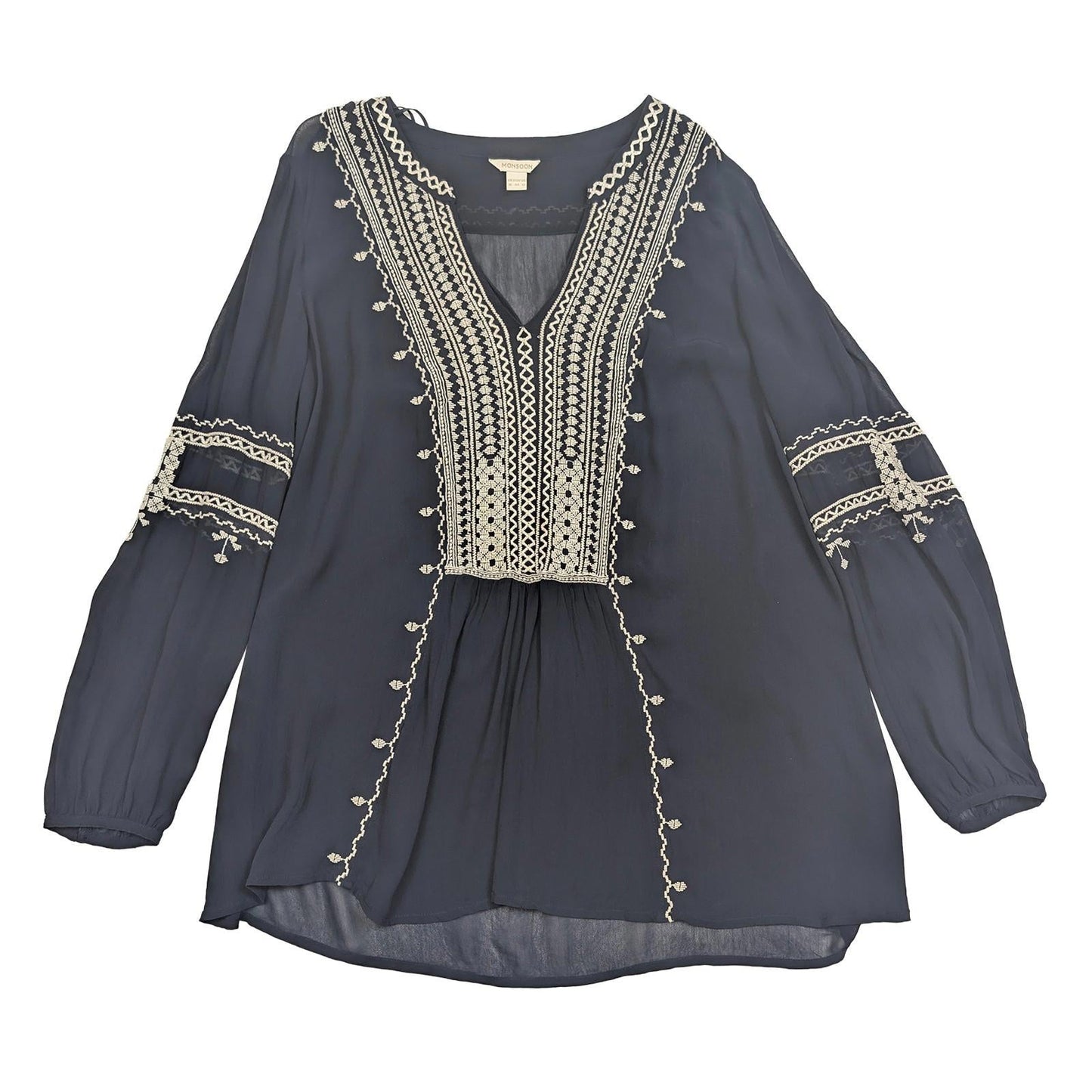 Monsoon Navy Embroidered Blouse Size UK 16 US 12 Boho Peasant Tunic Top Festival by Monsoon – | RewearableUK