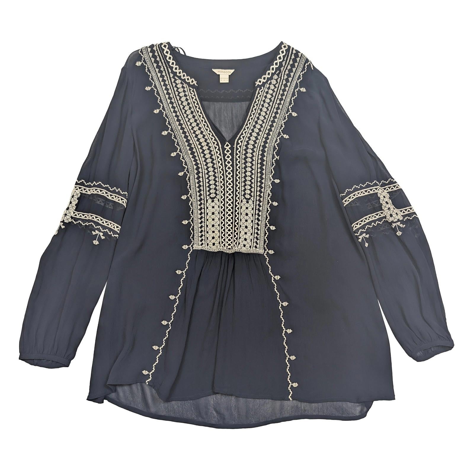 Monsoon Navy Embroidered Blouse Size UK 16 US 12 Boho Peasant Tunic Top Festival by Monsoon – | RewearableUK