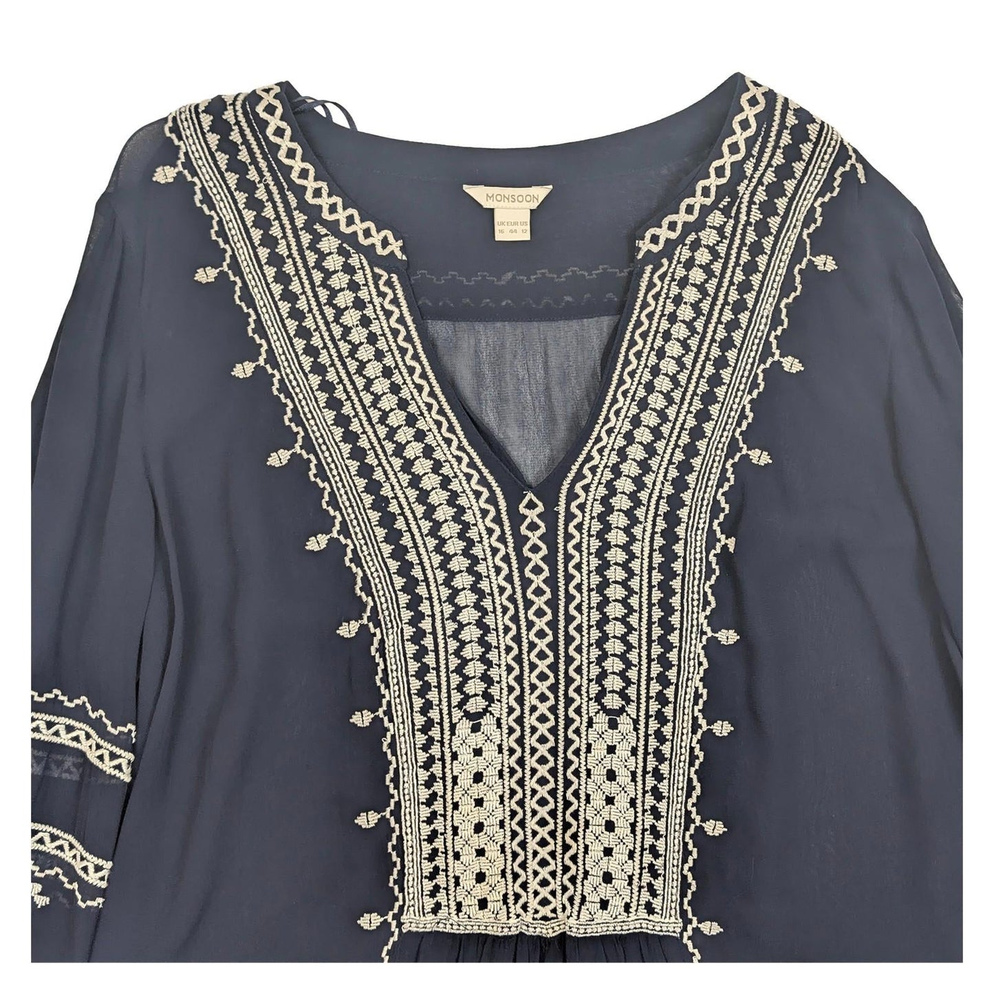 Monsoon Navy Embroidered Blouse Size UK 16 US 12 Boho Peasant Tunic Top Festival by Monsoon – | RewearableUK