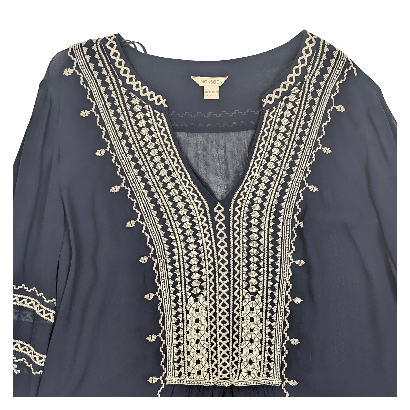 Monsoon Navy Embroidered Blouse Size UK 16 US 12 Boho Peasant Tunic Top Festival by Monsoon – | RewearableUK