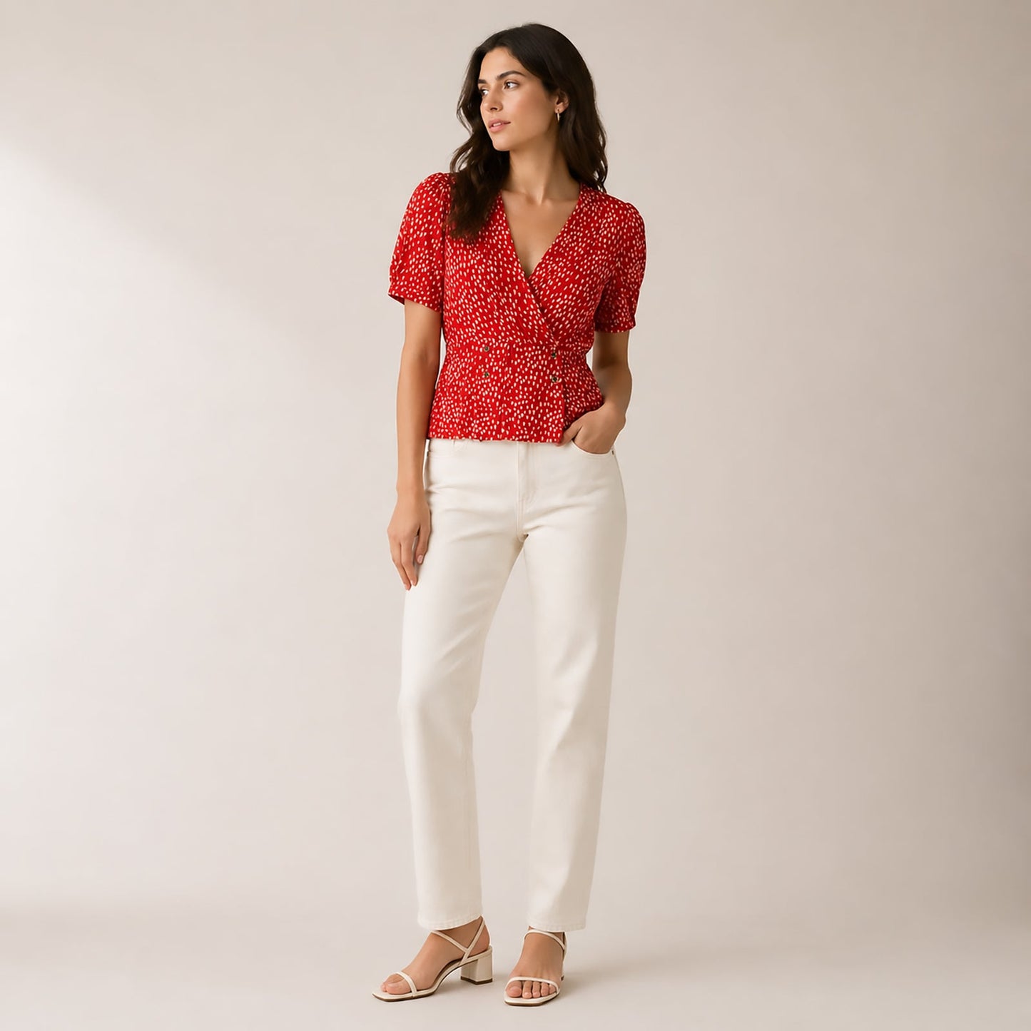 Monsoon Red Polka Dot Wrap Style Blouse Top M UK 12 V - Neck by Monsoon – blouse | RewearableUK