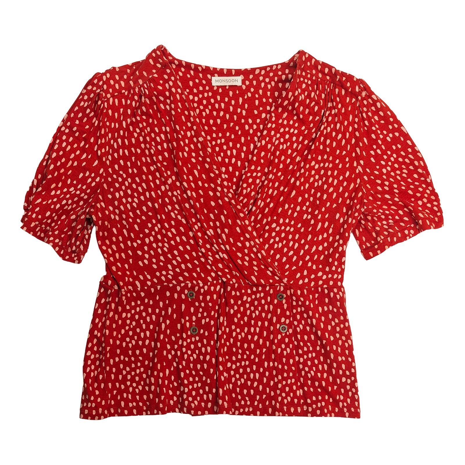 Monsoon Red Polka Dot Wrap Style Blouse Top M UK 12 V - Neck by Monsoon – blouse | RewearableUK